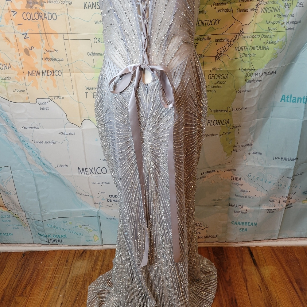 Alglist Silver Beaded Strapless Dress Lace Up Back Size 8 - Picture 10 of 17